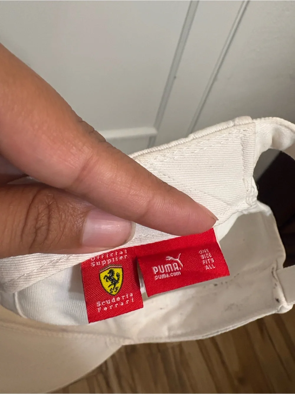2000s puma white Scuderia Ferrari F1 team cap features a prominent embroidered